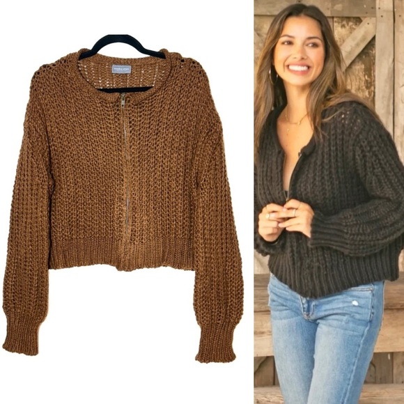Wooden Ships Tara Zip Bomber Cardi in Brown, Size Medium-Large - Picture 1 of 13